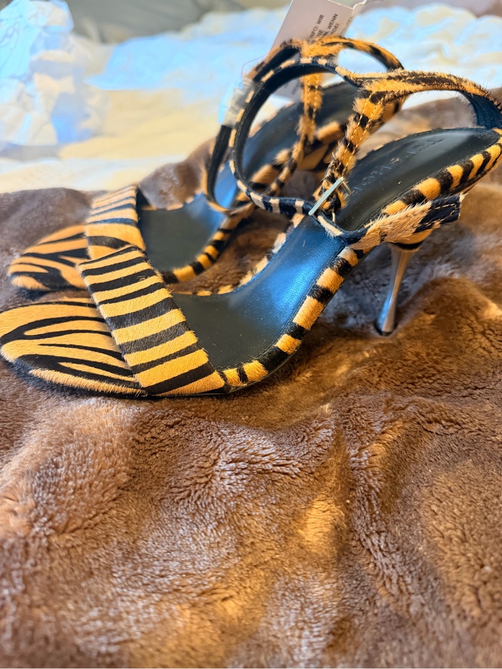 Topshop Tiger-Print Strappy Heeled Sandals - Black & Tan